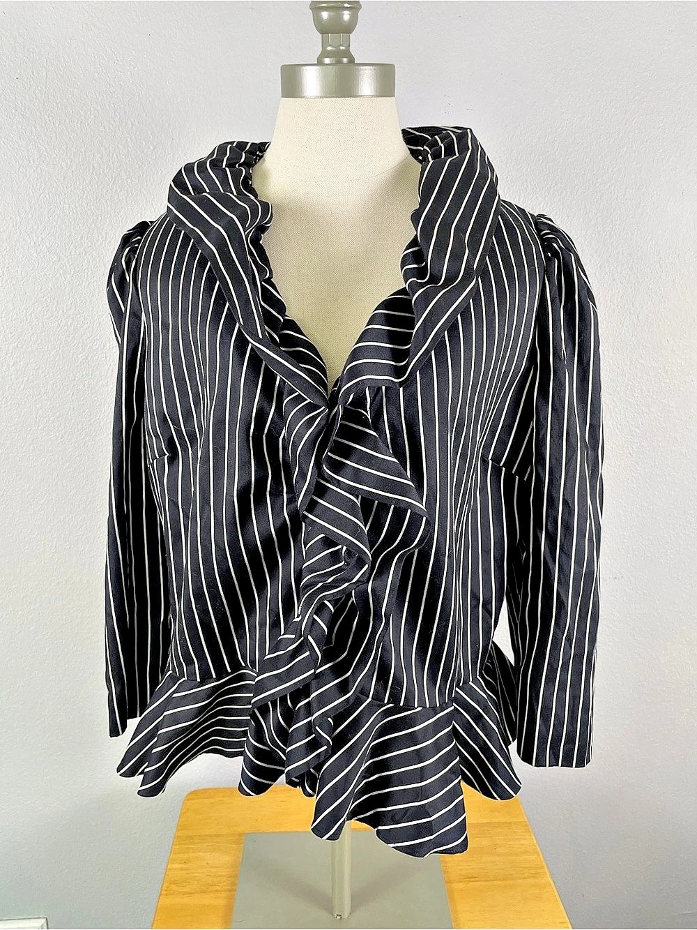 Lauren Ralph Lauren Pinstripe Ruffle Cotton Silk Jacket Black & White Size 16
